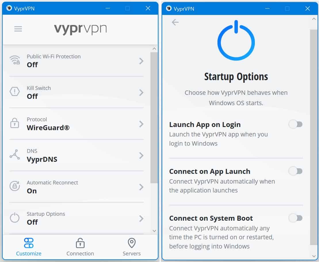 VyprVPN 시작 옵션
