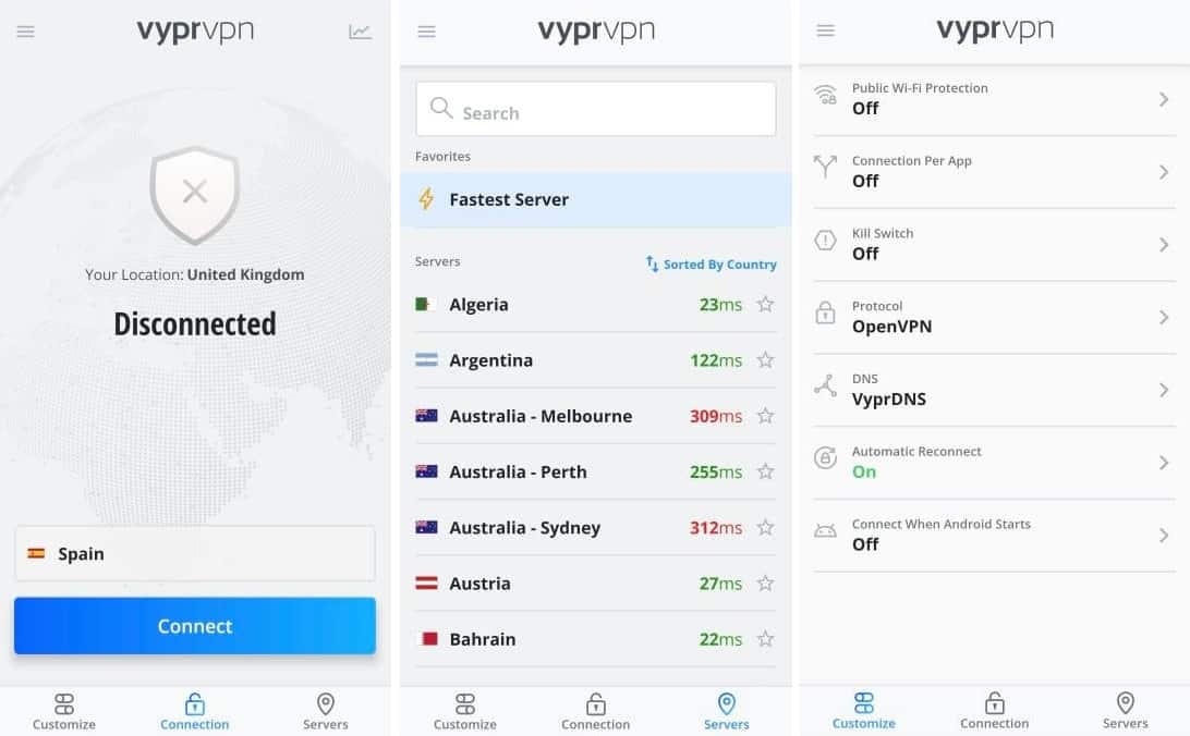VyprVPN 모바일 앱 화면