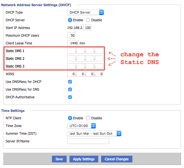 Impostazioni del server dell'indirizzo di rete (DHCP)