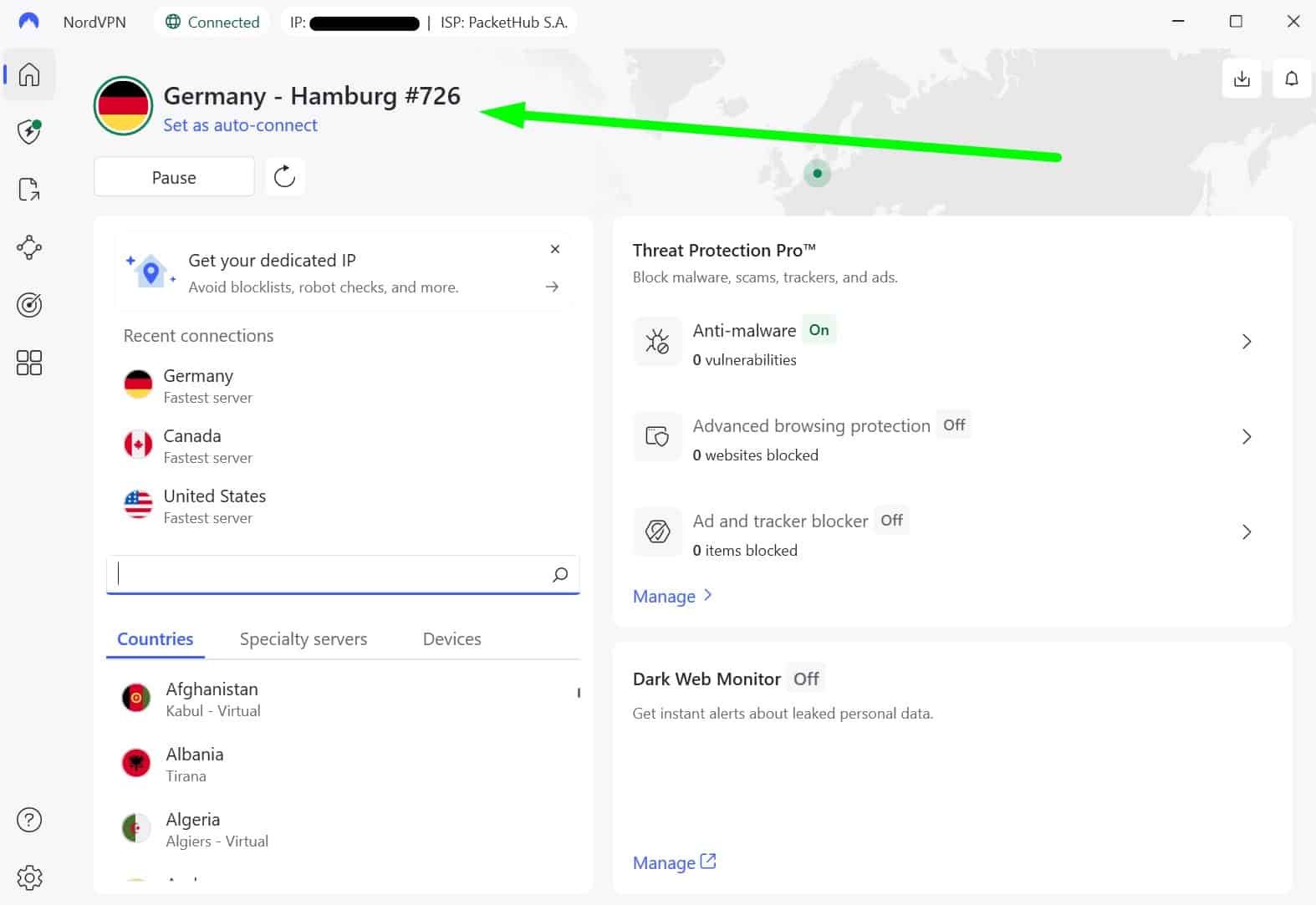 Screenshot showing NordVPN's Germany servers