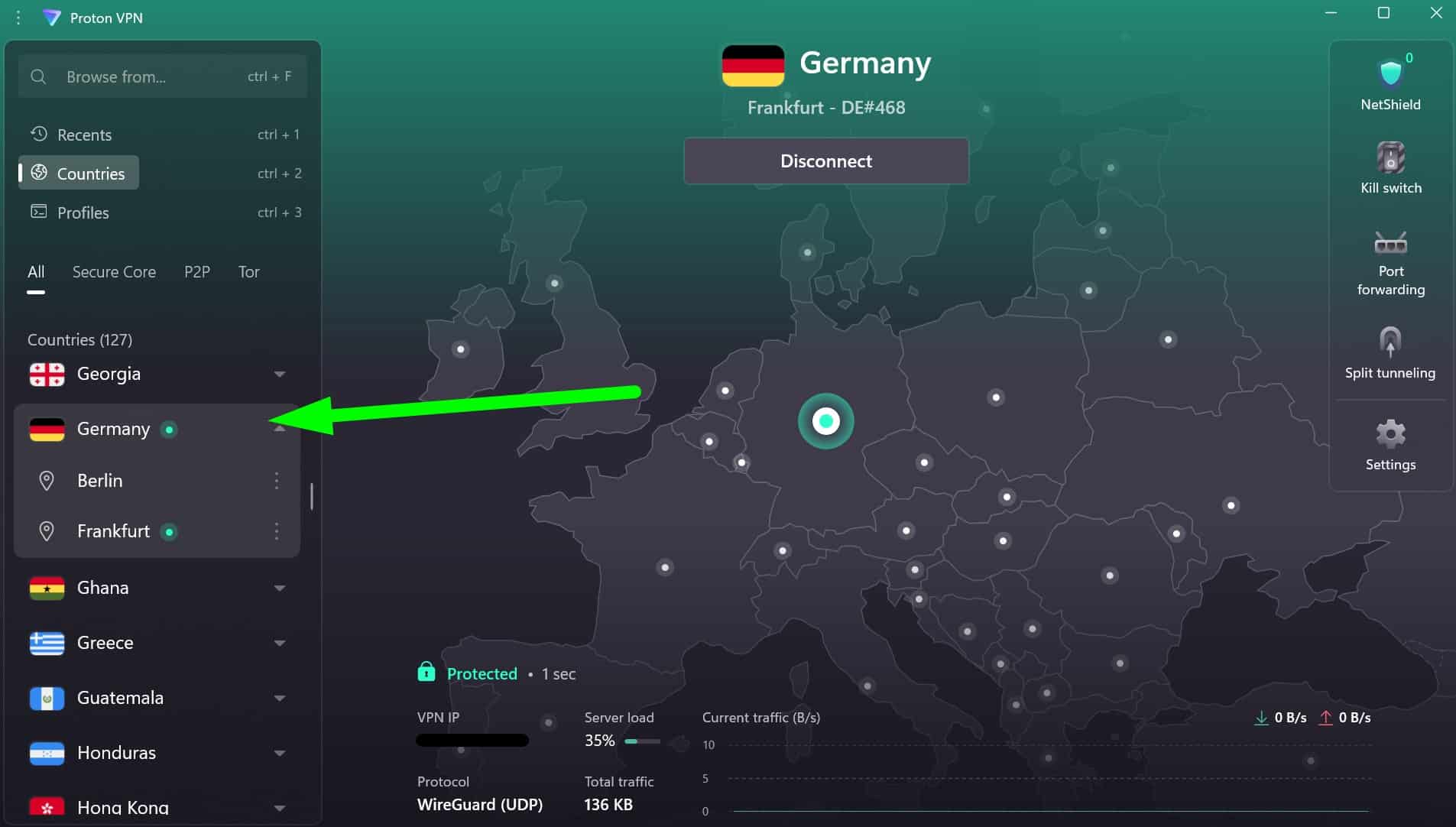 Screenshot showing ProtonVPN's German servers