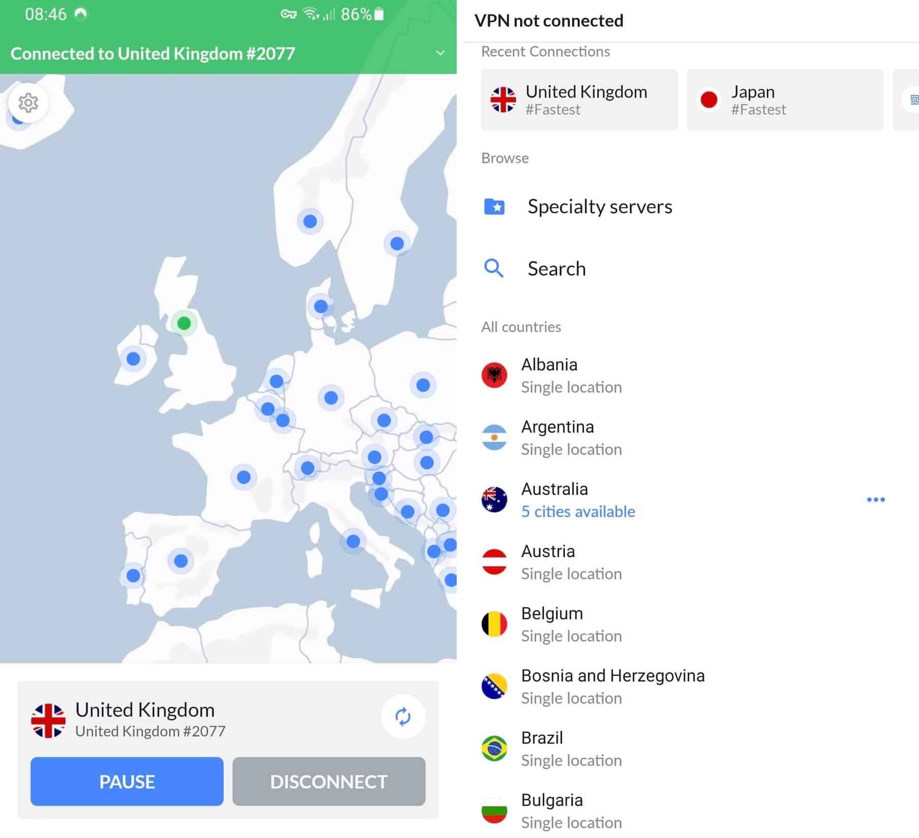 Capture d'écran NordVPN mobile