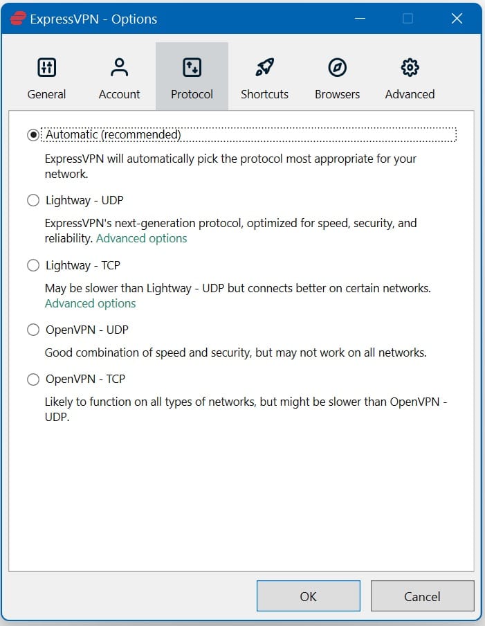 ExpressVPN 프로토콜 메뉴