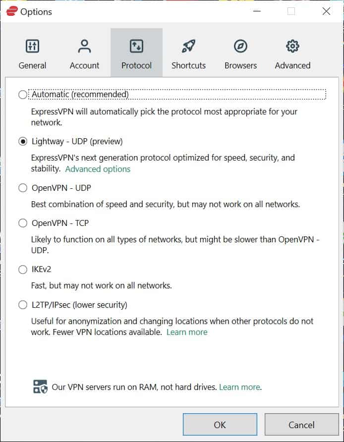 Menu protocoles ExpressVPN