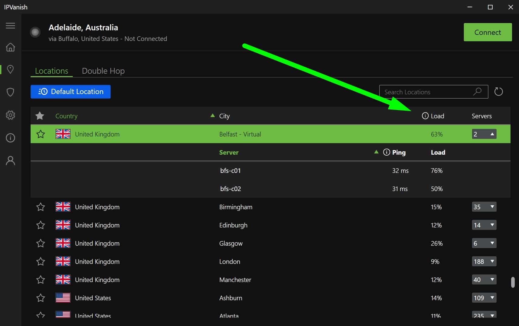 Screenshot showing IPVanish's UK server load