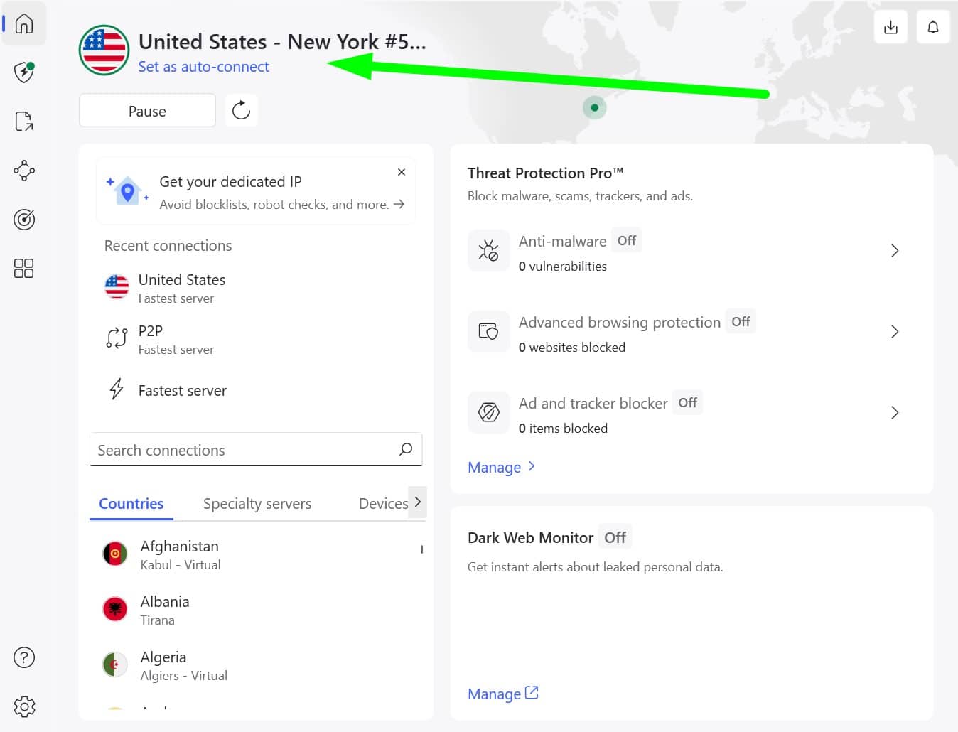 Screenshot showing NordVPN's main panel