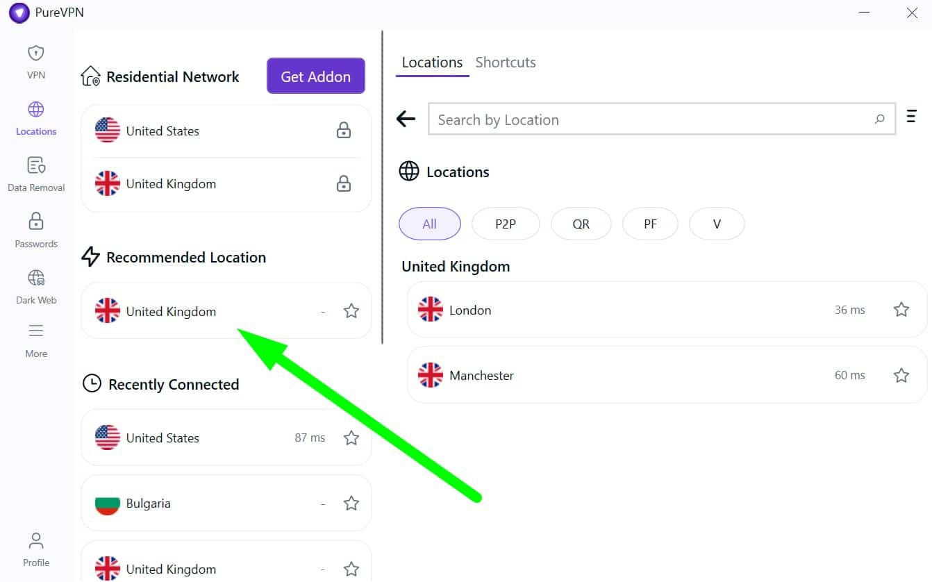Screenshot showing PureVPN's UK servers