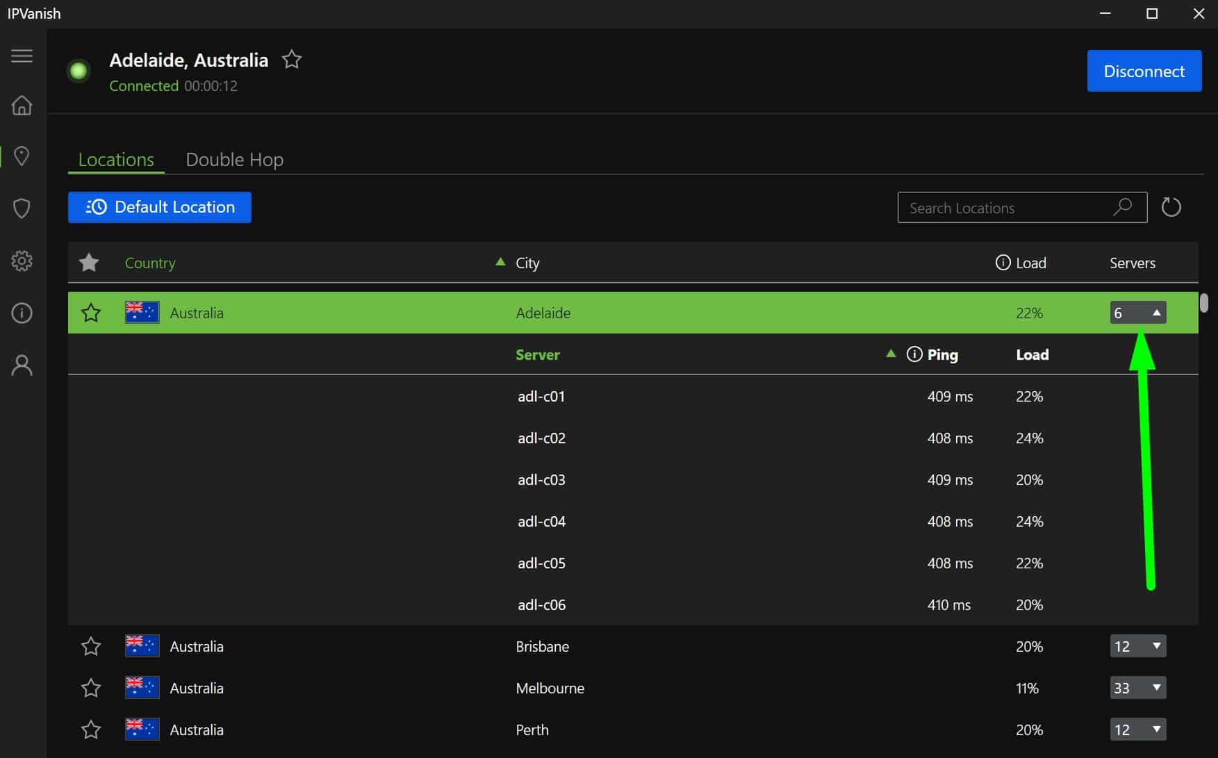 Screenshot showing IPVanish's server dropdown