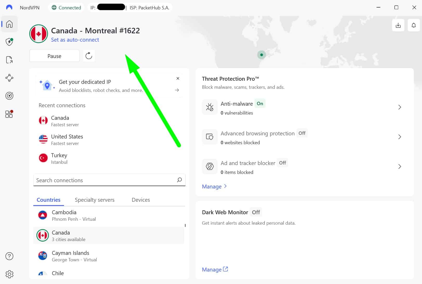 Screenshot showing NordVPN's Canada server