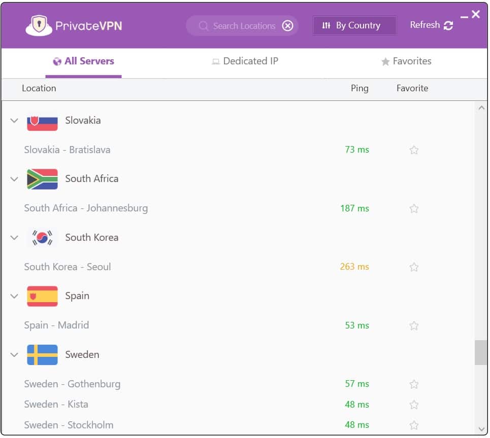 PrivateVPN 서버 목록