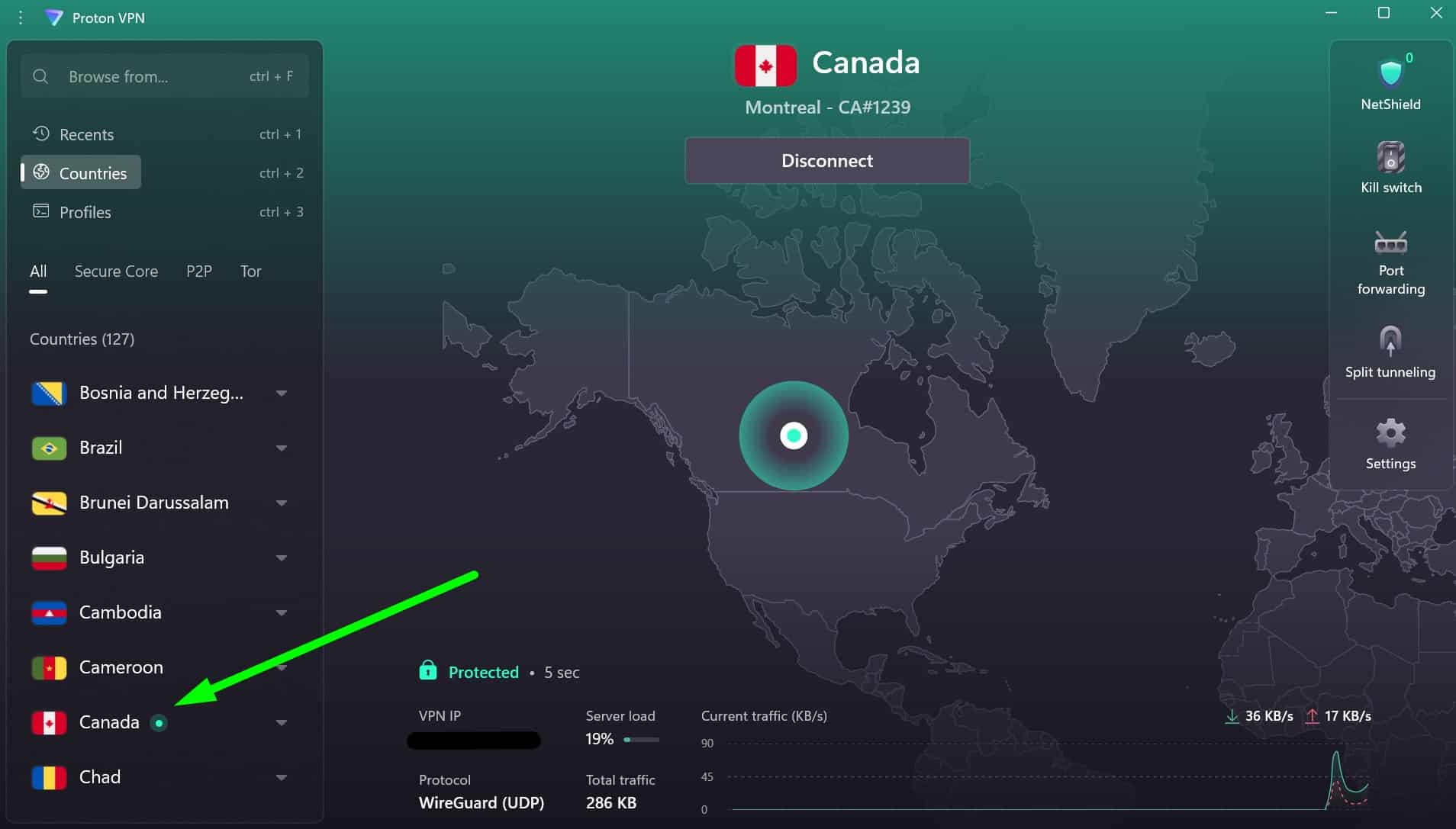 Screenshot showing ProtonVPN's Canada servers