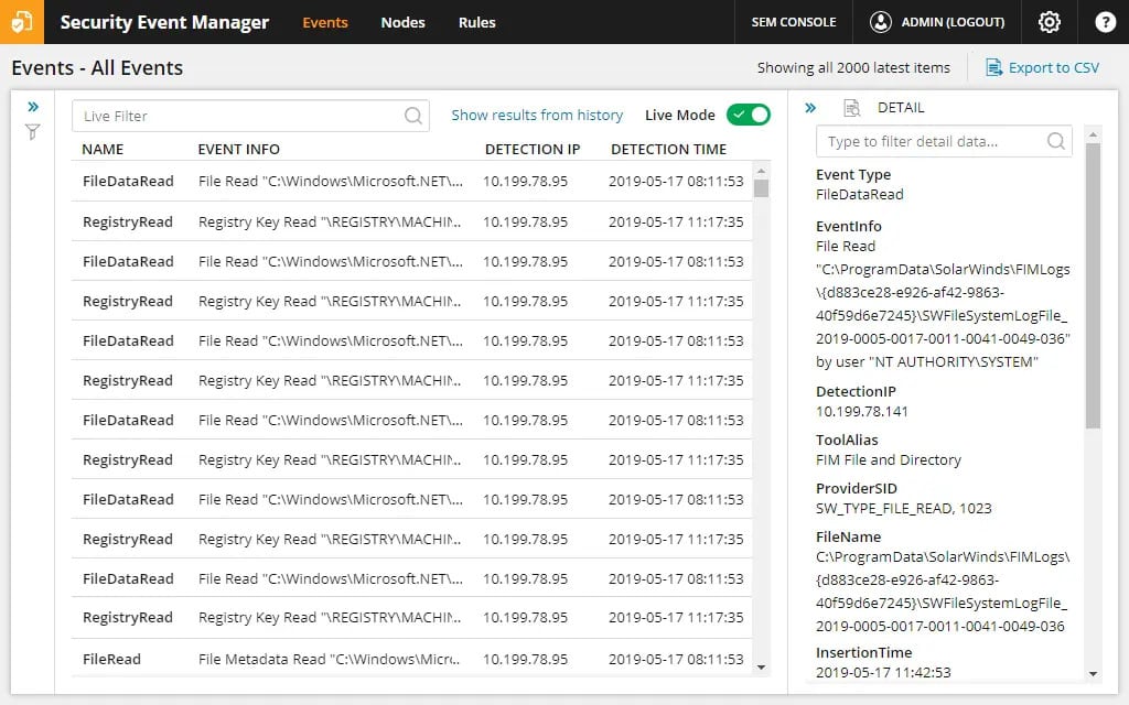 Der Security Event Manager zeigt Protokollmeldungen als Ereignisse an