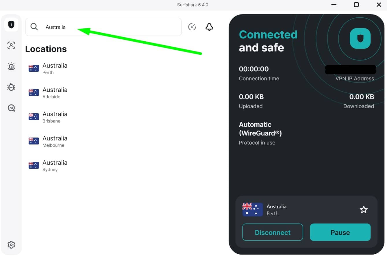 Screenshot showing Surfshark's australia servers