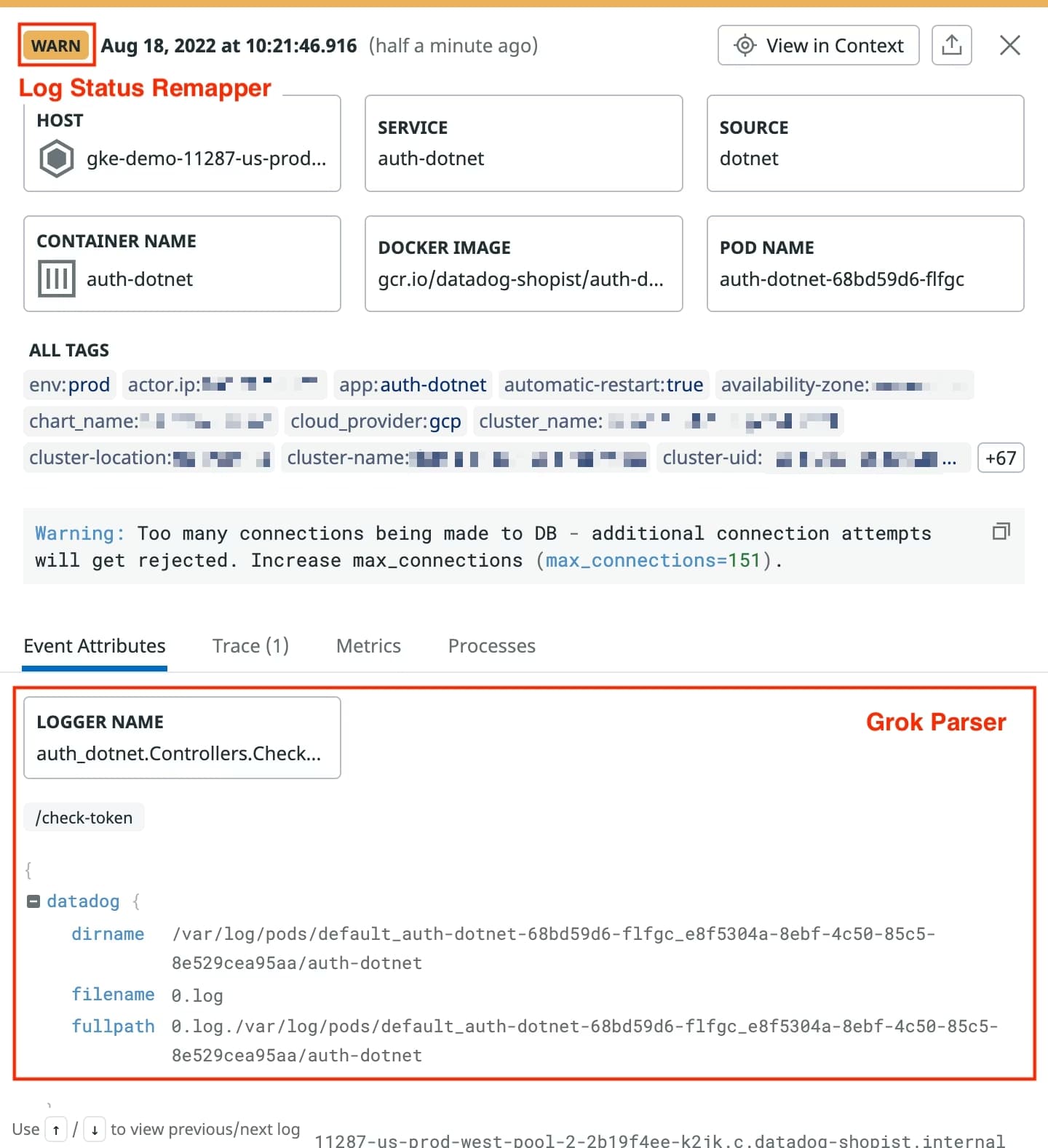 Vista log elaborati di Datadog che evidenzia parsing della pipeline e risultati del remapper