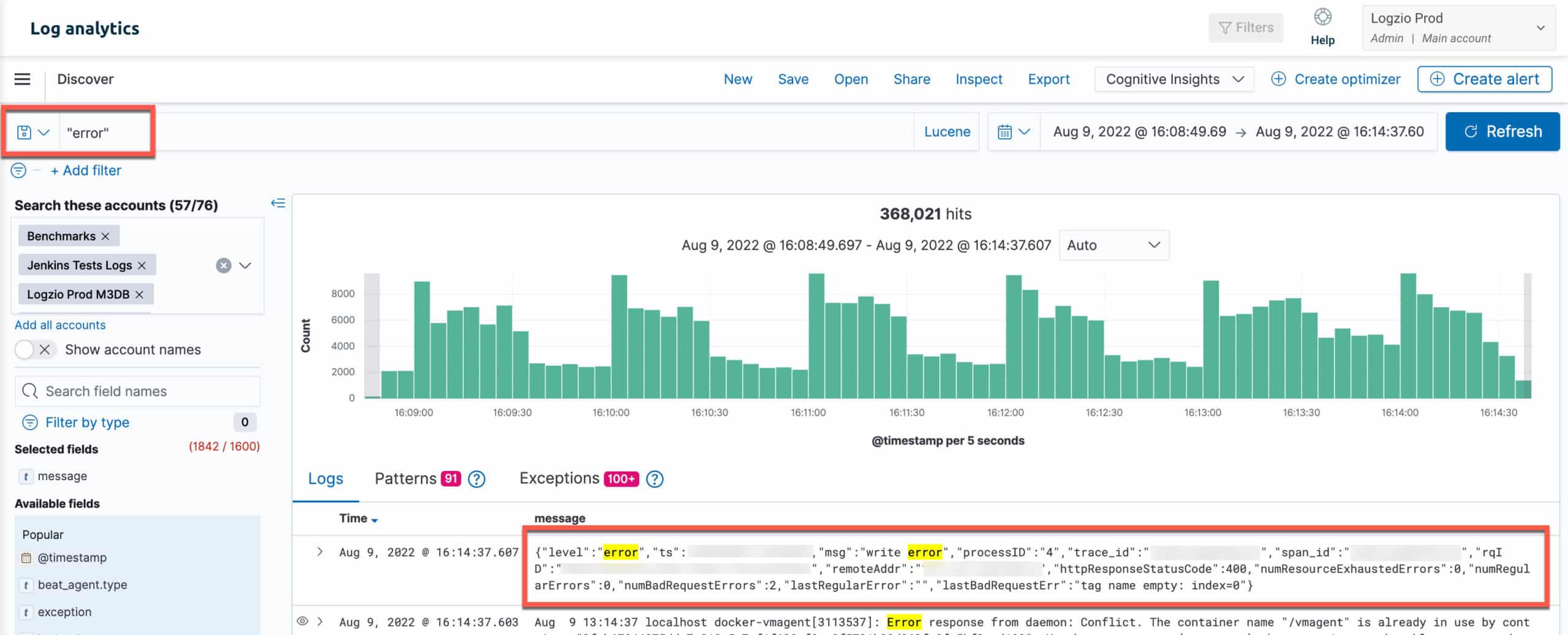Vista Discover di Logz.io Log Analytics con filtri di ricerca e risultati dei log