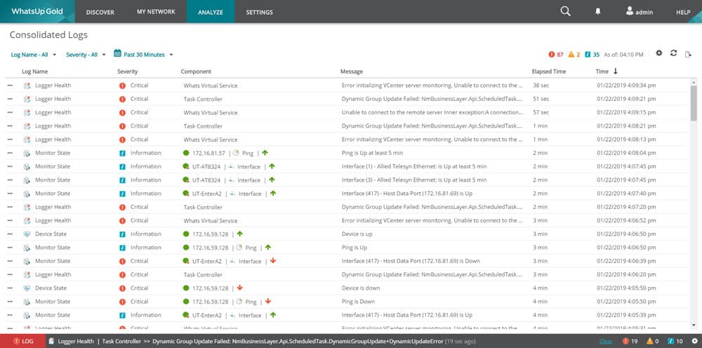 Vista log consolidati di Progress WhatsUp Gold con eventi e stato degli avvisi
