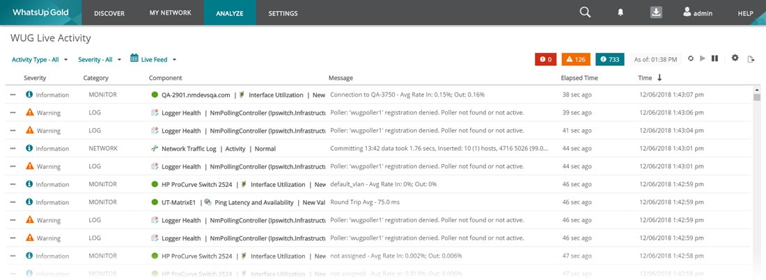 Vista Live Activity di Progress WhatsUp Gold con eventi di rete e avvisi