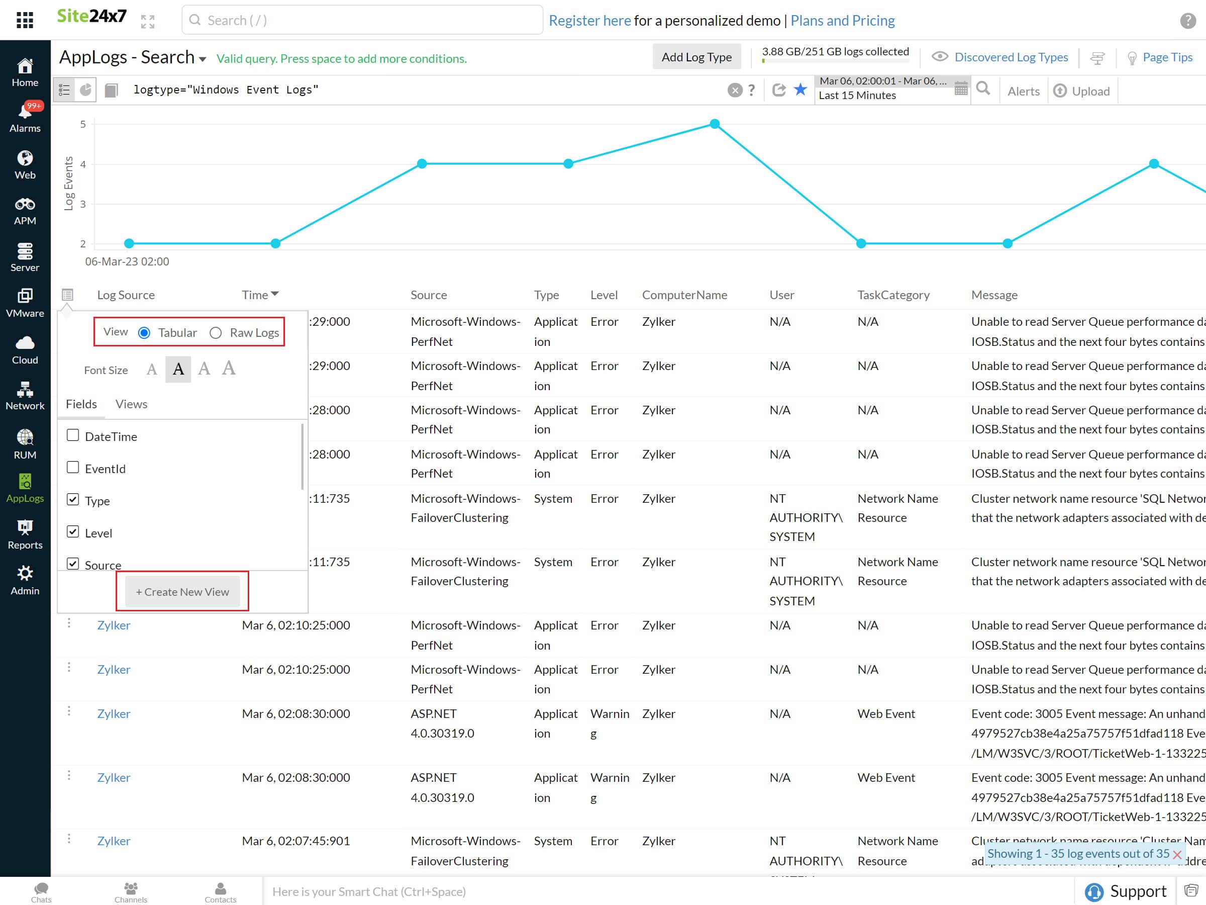 Interfaccia AppLogs Search di Site24x7 con viste tabellari e raw logs