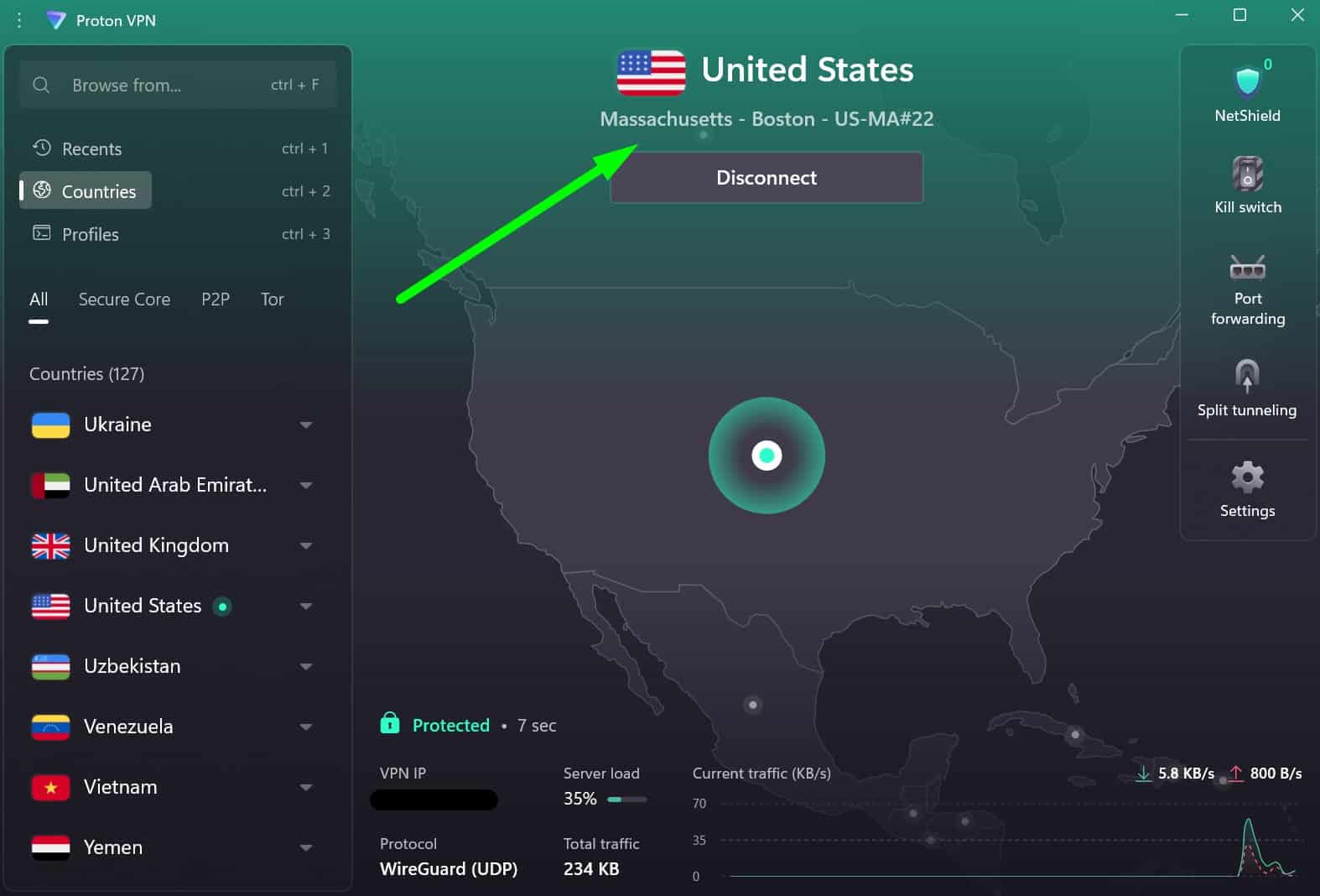 Screenshot of ProtonVPN's Windows app