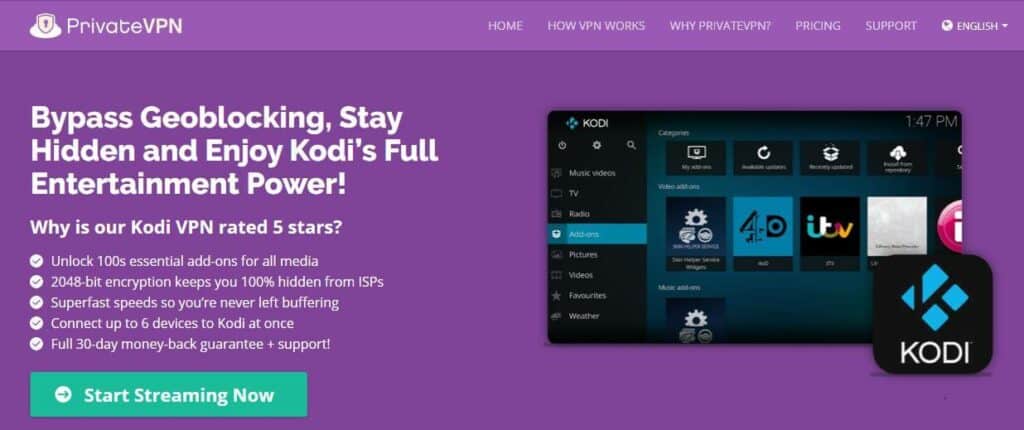 PrivateVPN Kodi 페이지