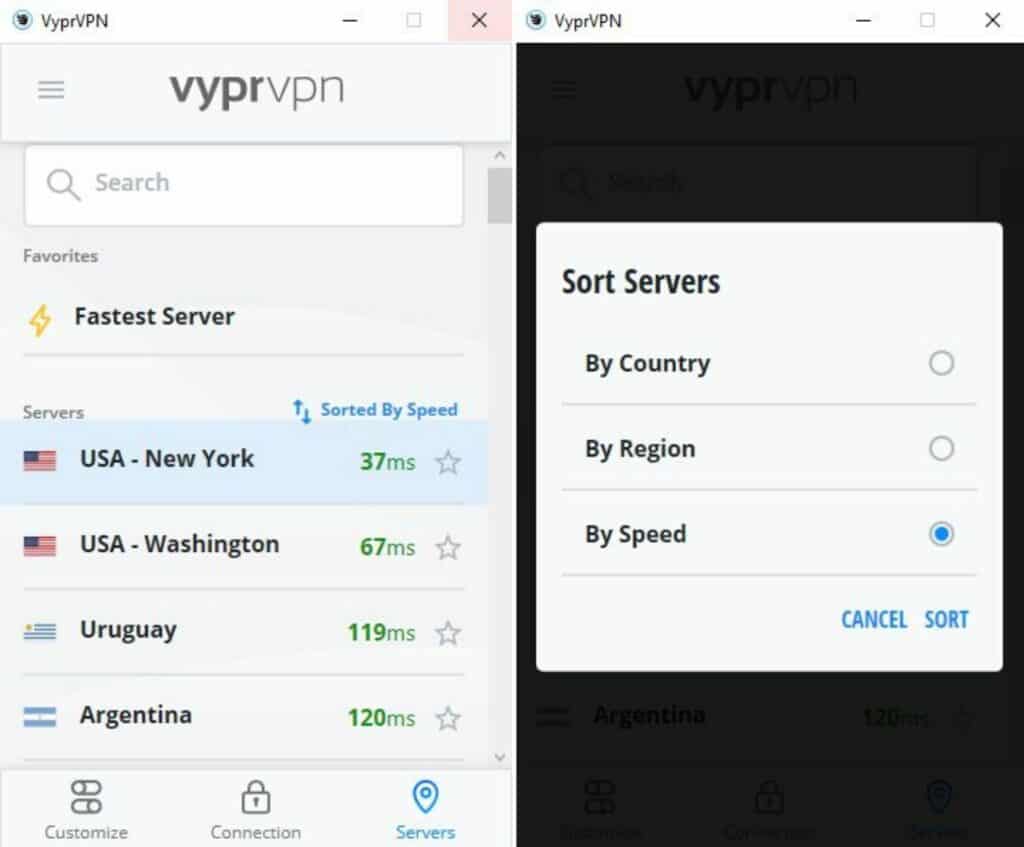 속도별로 정렬된 VyprVPN 서버 목록