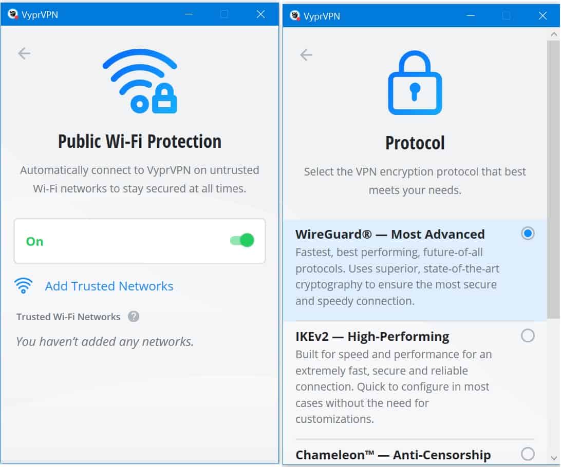 VyprVPN 공공 와이파이 보호 및 프로토콜 옵션