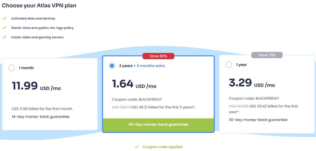 Screenshot of Atlas VPN's Black Friday pricing