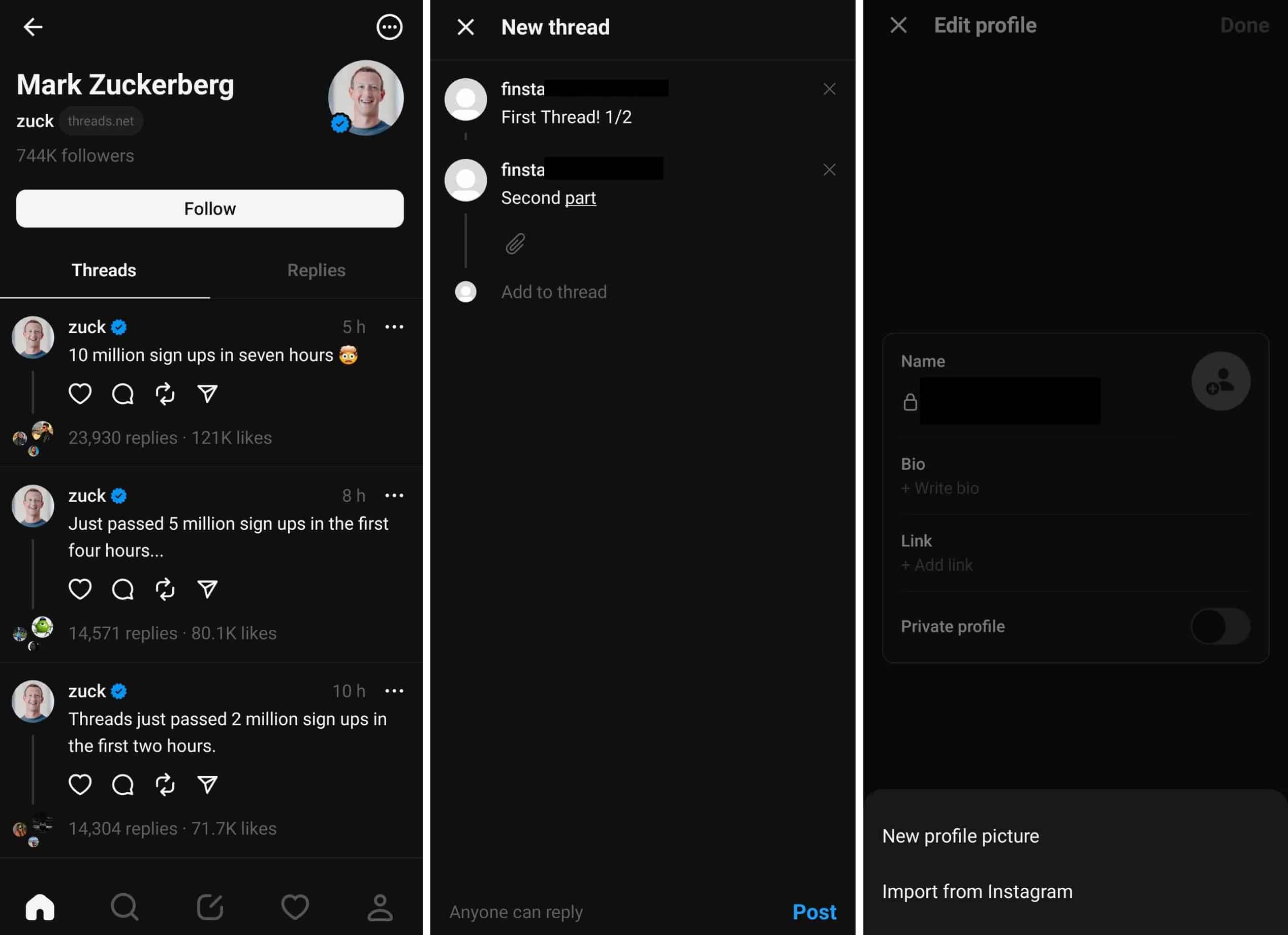 Captures d'écran de l'interface de l'application Threads