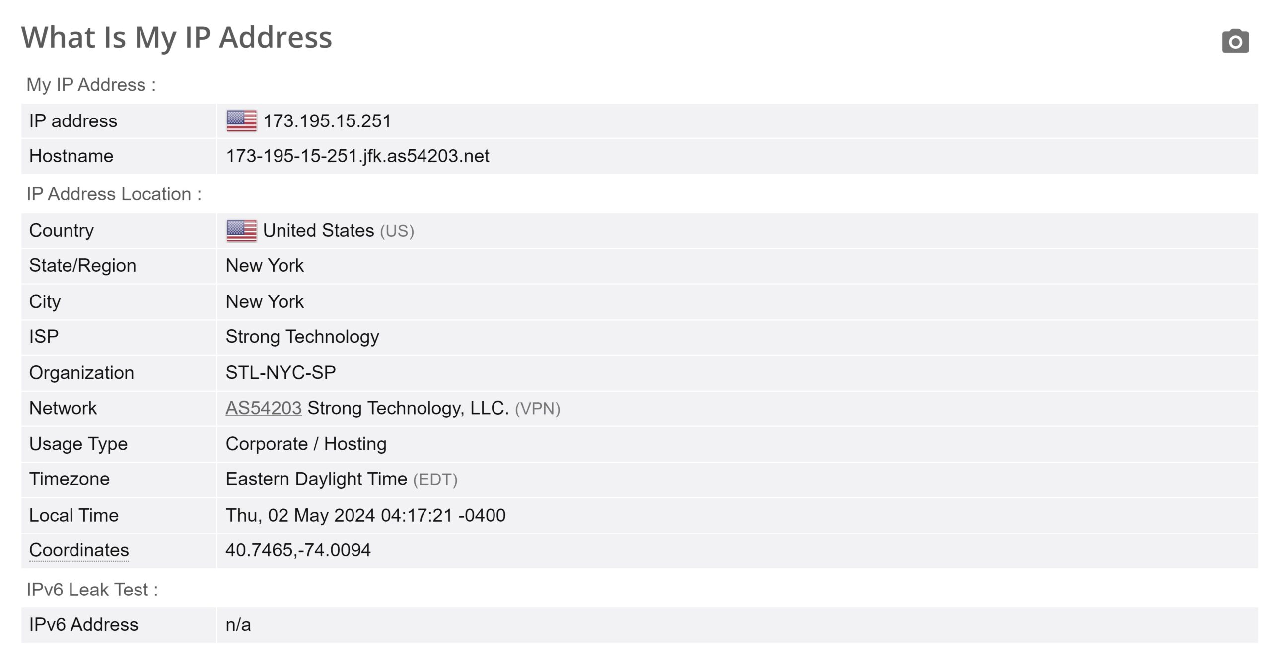 IPVanish Public IPv4- und IPv6-Adresslecktest auf einem Server in den USA
