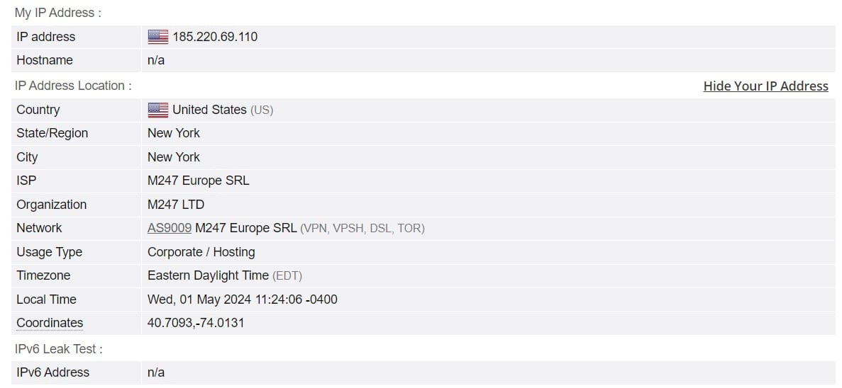 IP-Adresslecktest für den USA PureVPN-Server