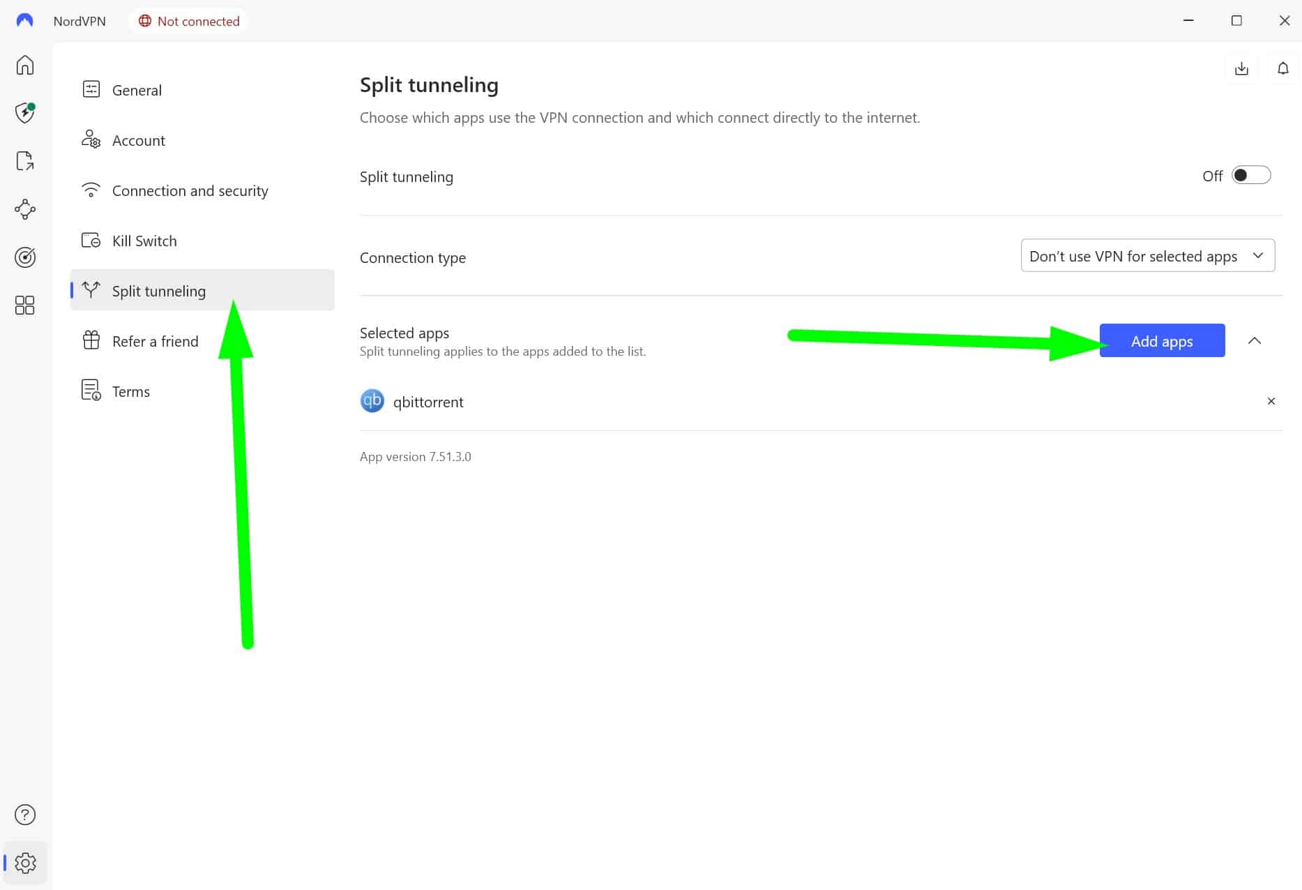 Screenshot showing NordVPN split tunneling apps