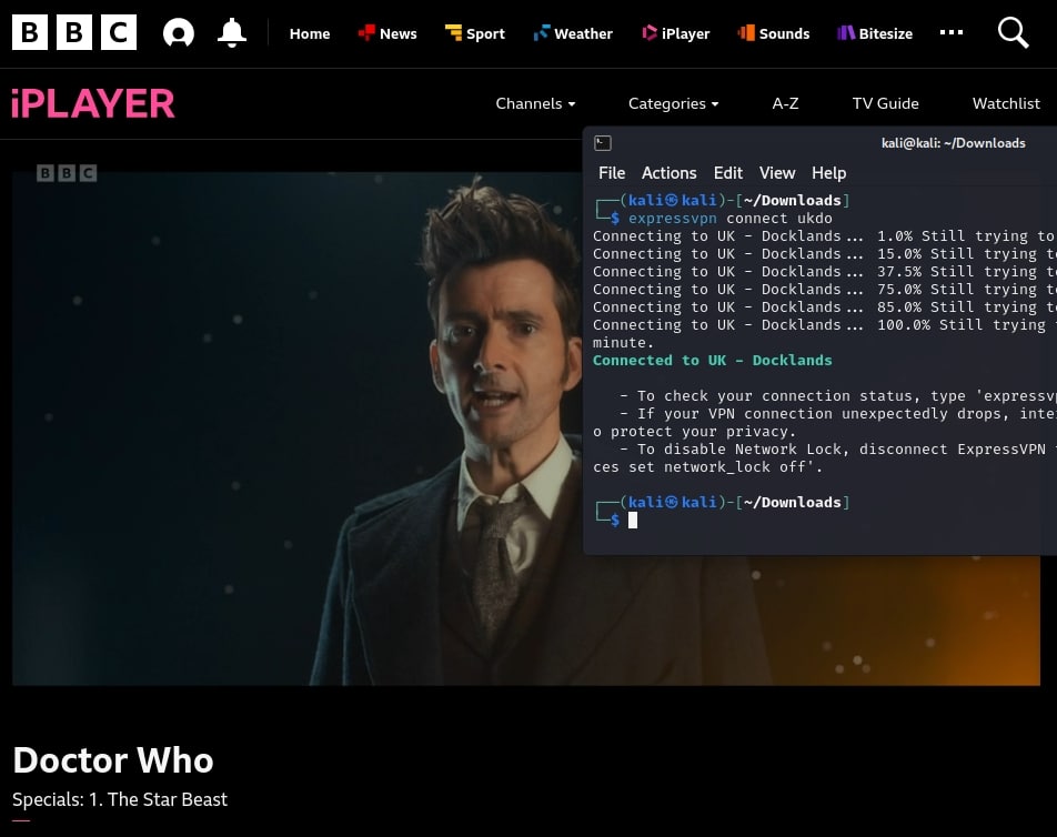 BBC iPlayer mediante aplicación ExpressVPN para Linux.