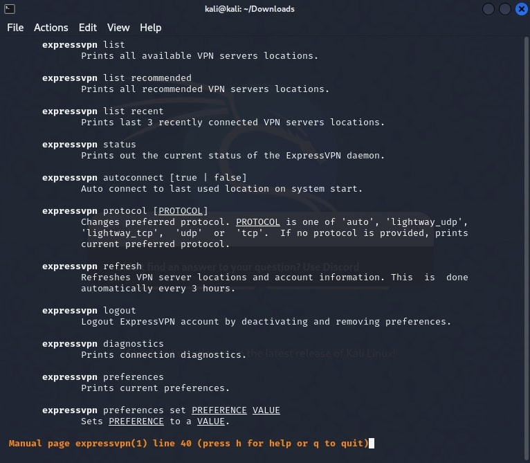 Algunos comandos del manual de ExpressVPN.