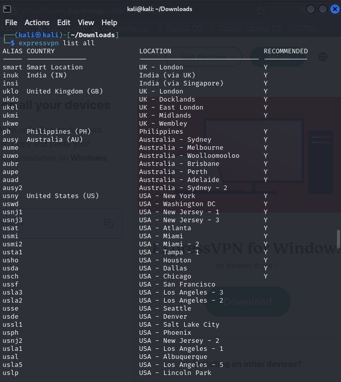 Lista de servidores ExpressVPN