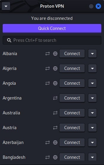 El panel de Proton VPN para la aplicación de Linux.