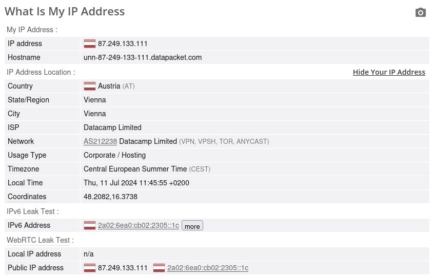 Prueba de fuga de IP cuando se conecta a un servidor austriaco.