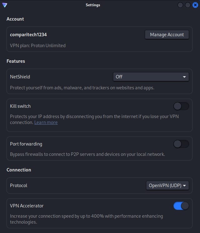 Proton VPN tiene muchas configuraciones con las que jugar.
