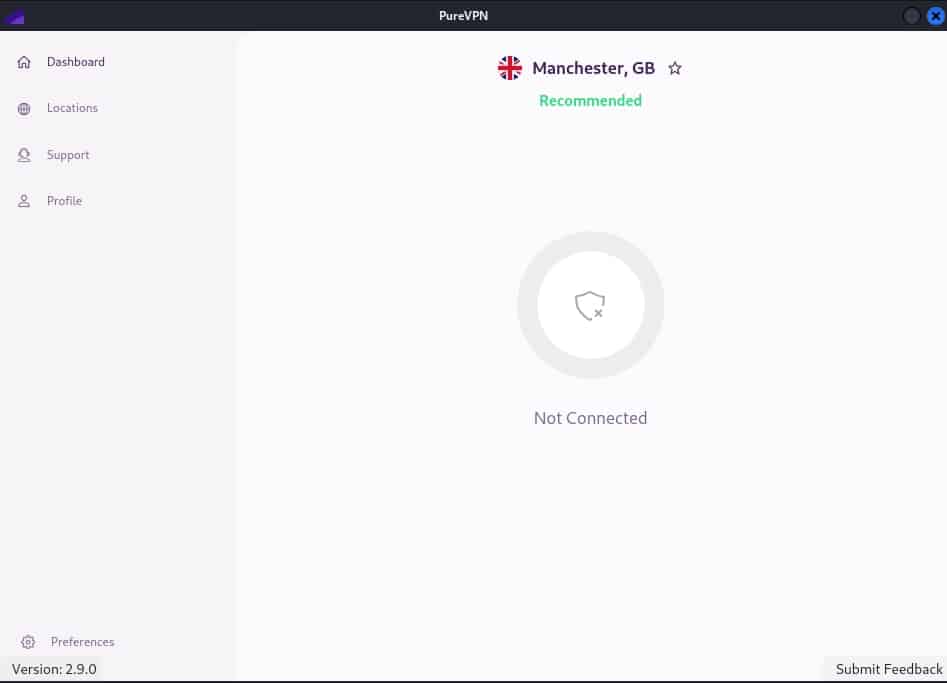 El panel de PureVPN para la aplicación de Linux.