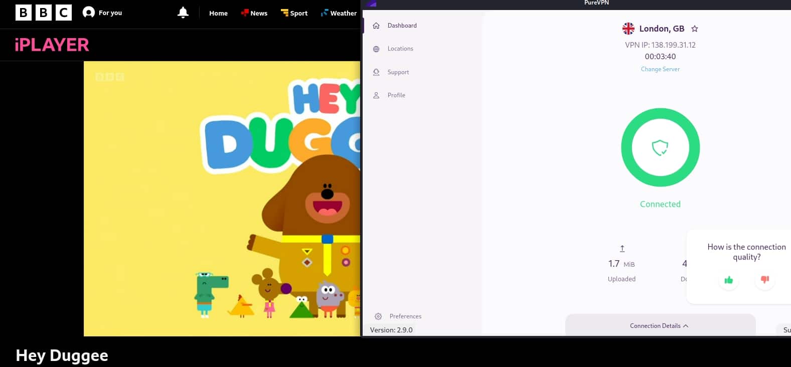 Reproducción de BBC iPlayer conectado a un servidor PureVPN del Reino Unido.
