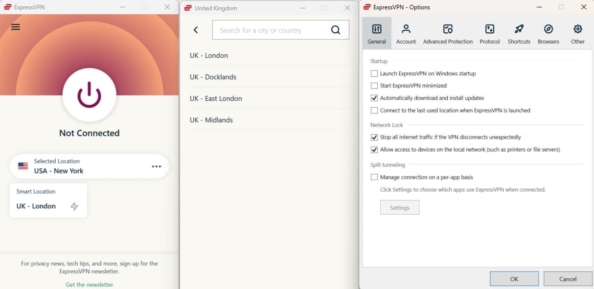 영국 서버 위치를 보여주는 ExpressVPN Windows 앱 스크린샷