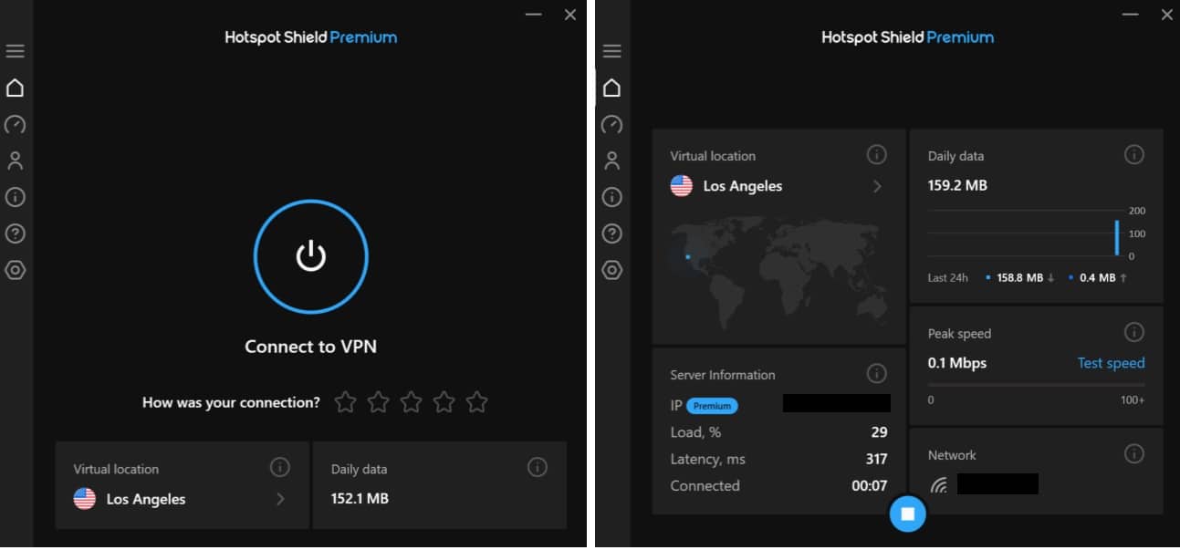 Captura de pantalla de la aplicación de Windows de Hotspot Shield