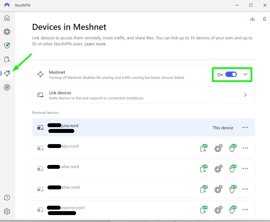 Captura de pantalla de la configuración Meshnet de NordVPN