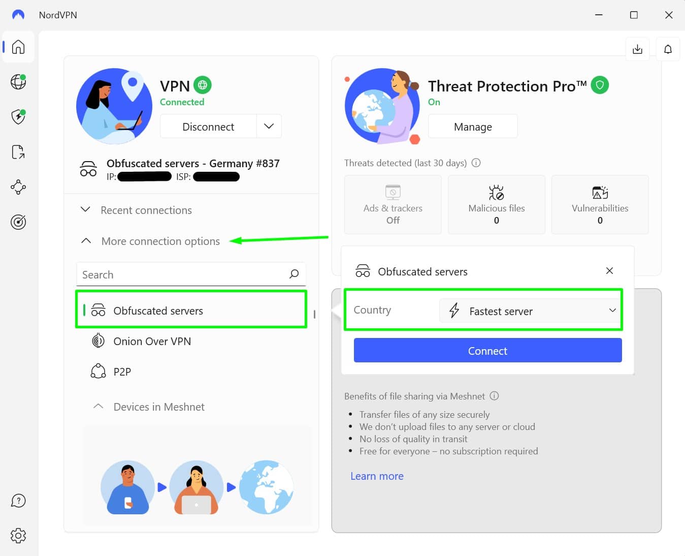 Seleccionar uno de los servidores ofuscados de NordVPN