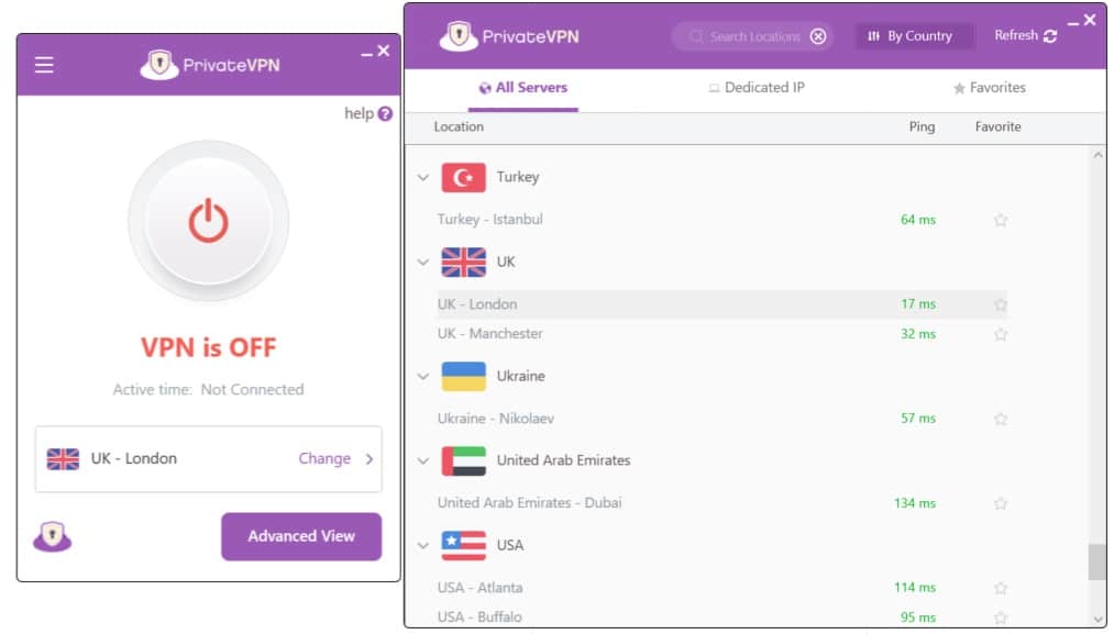 PrivateVPN의 영국 서버를 보여주는 스크린샷