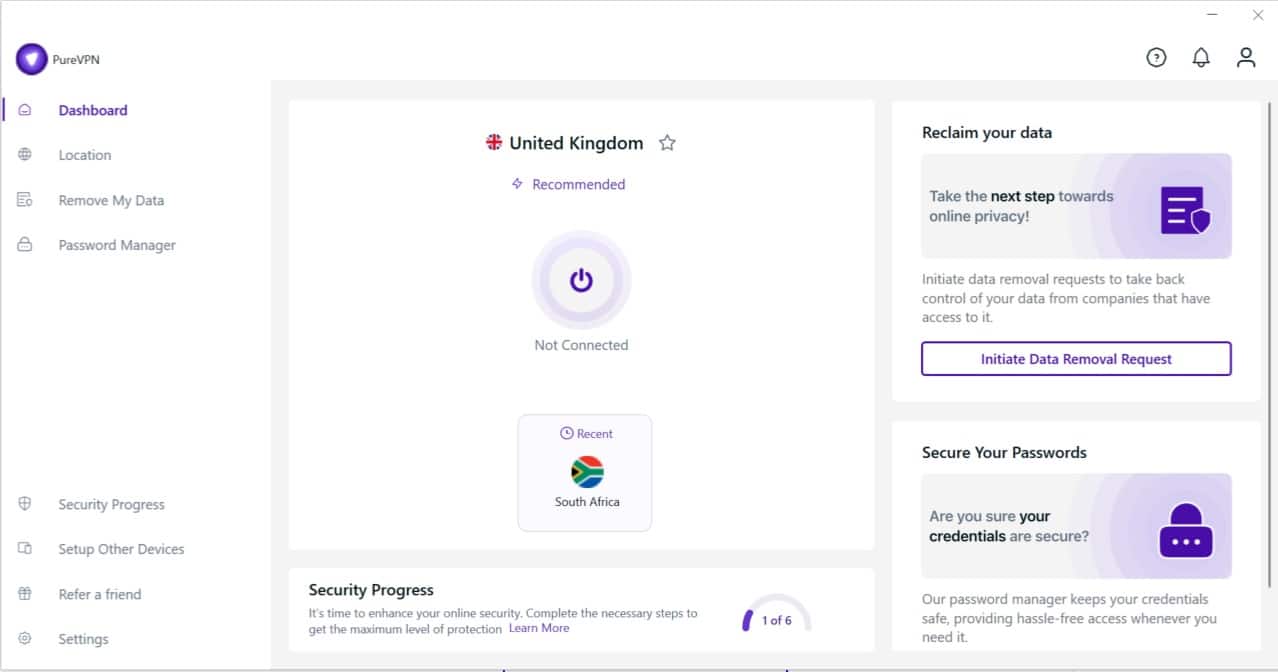PureVPN의 Windows 앱 스크린샷