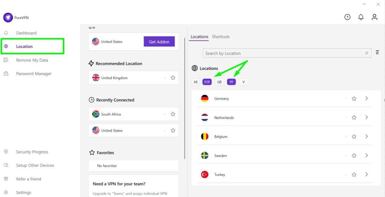 Filtrar la lista de servidores de PureVPN usando los botones de filtro