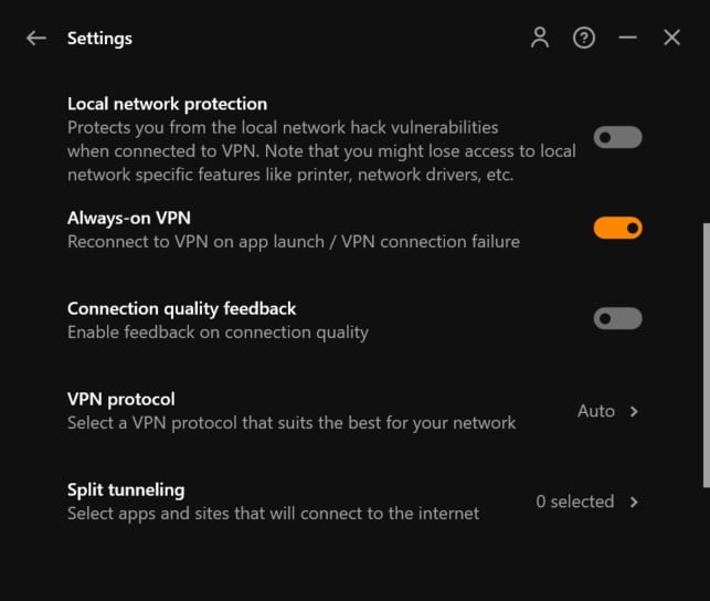 Captura de pantalla del menú de configuración de UltraVPN