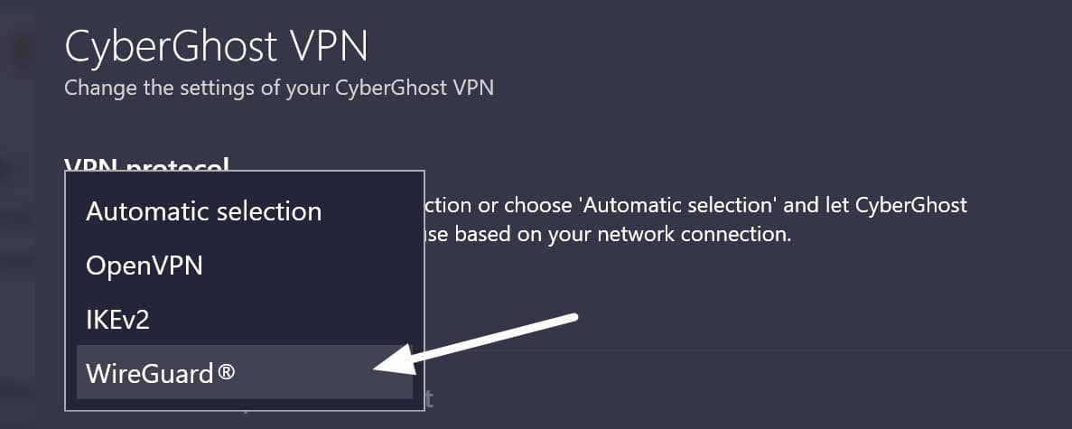 CyberGhost에는 VPN 프로토콜을 선택할 수 있습니다