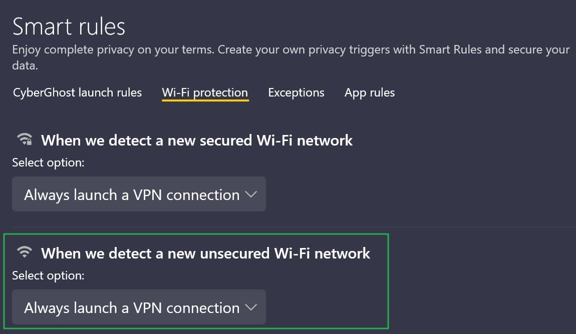CyberGhost는 Wi-Fi 보호 기능을 제공합니다
