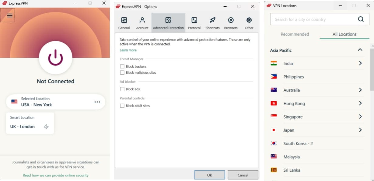 Captura de pantalla de la aplicación de Windows de ExpressVPN